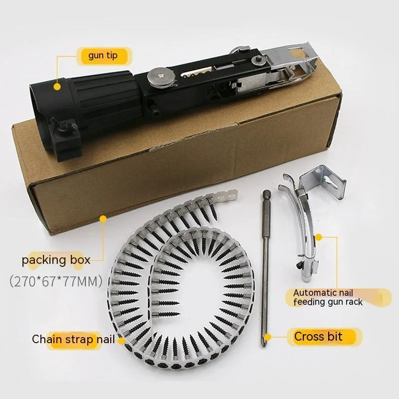 Chain screw gun head automatic nail gun accessory with metal gun head and plastic stainless steel construction