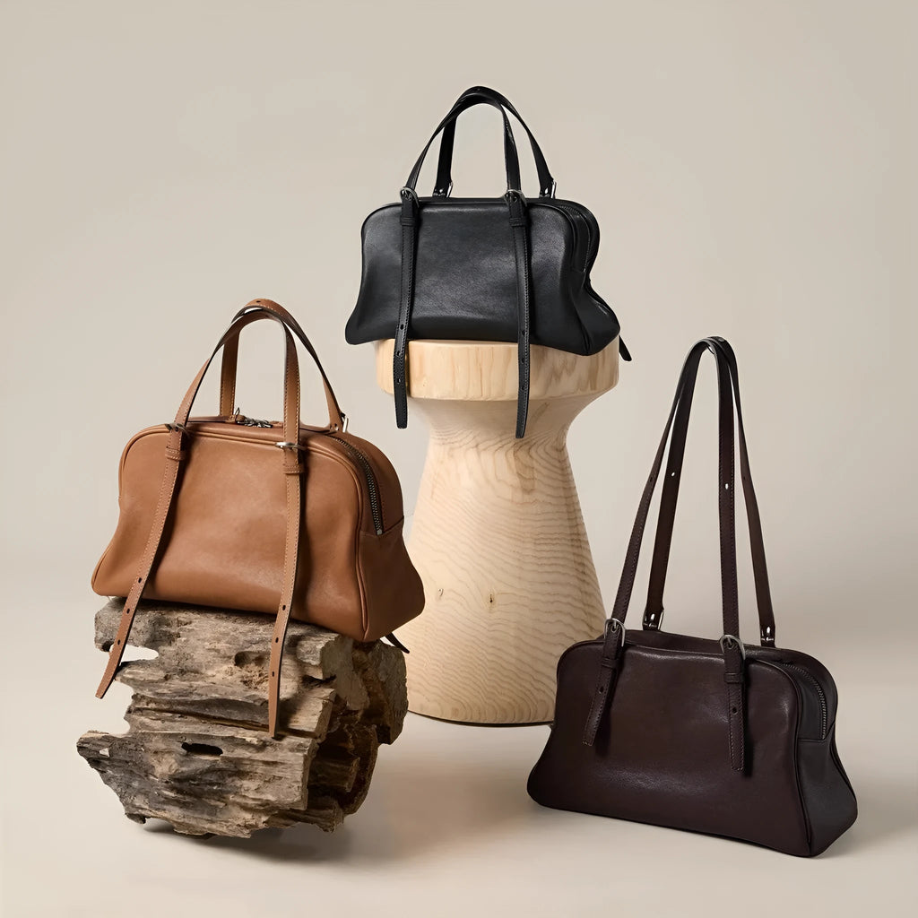 Women's genuine leather retro shoulder bag with horizontal square design in black, brown, or elephant grey colour options