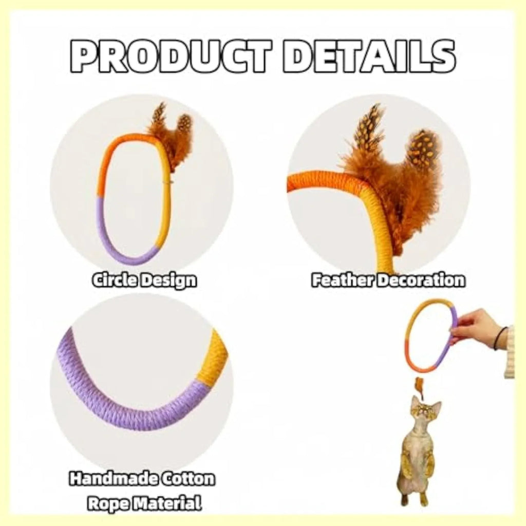 Green cotton rope circular cat toy with feathers and catnip for safe chewing
