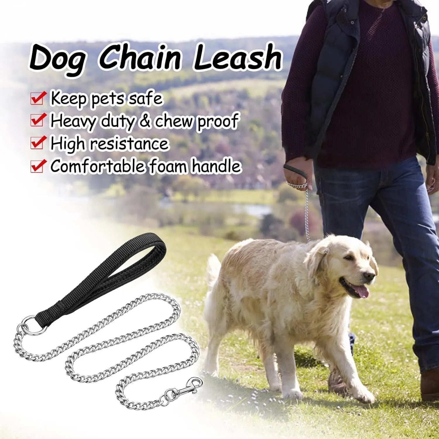 Heavy duty metal dog leash with soft black padded handle and silver chain, shown with a large dog collar clip.