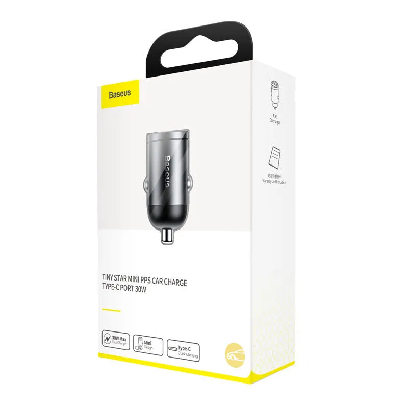 Baseus grey 30W PPS fast car charger with single USB port and 1 metre cable