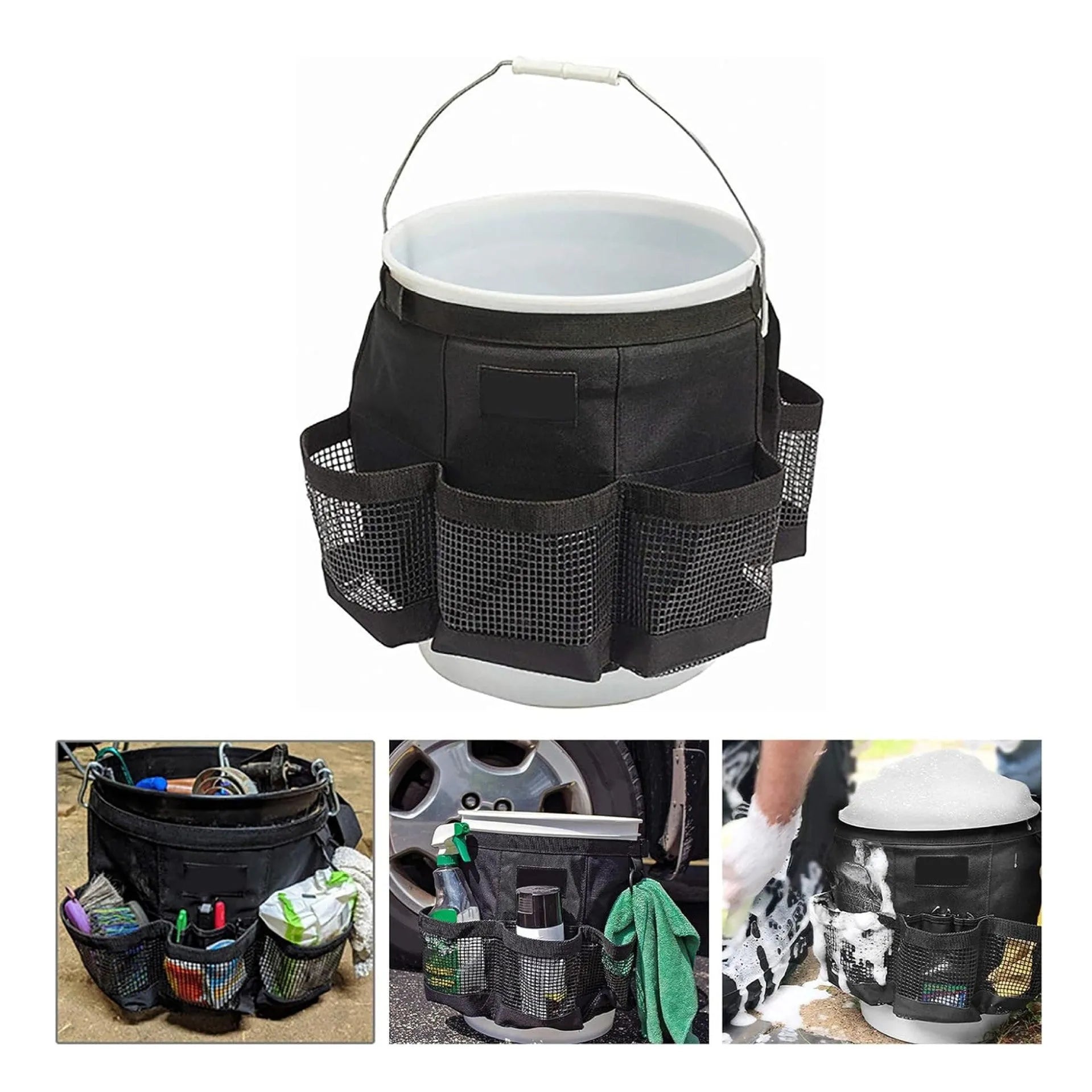 Black cylindrical polyester storage bag hanging on a 5-gallon barrel for outdoor tool organisation