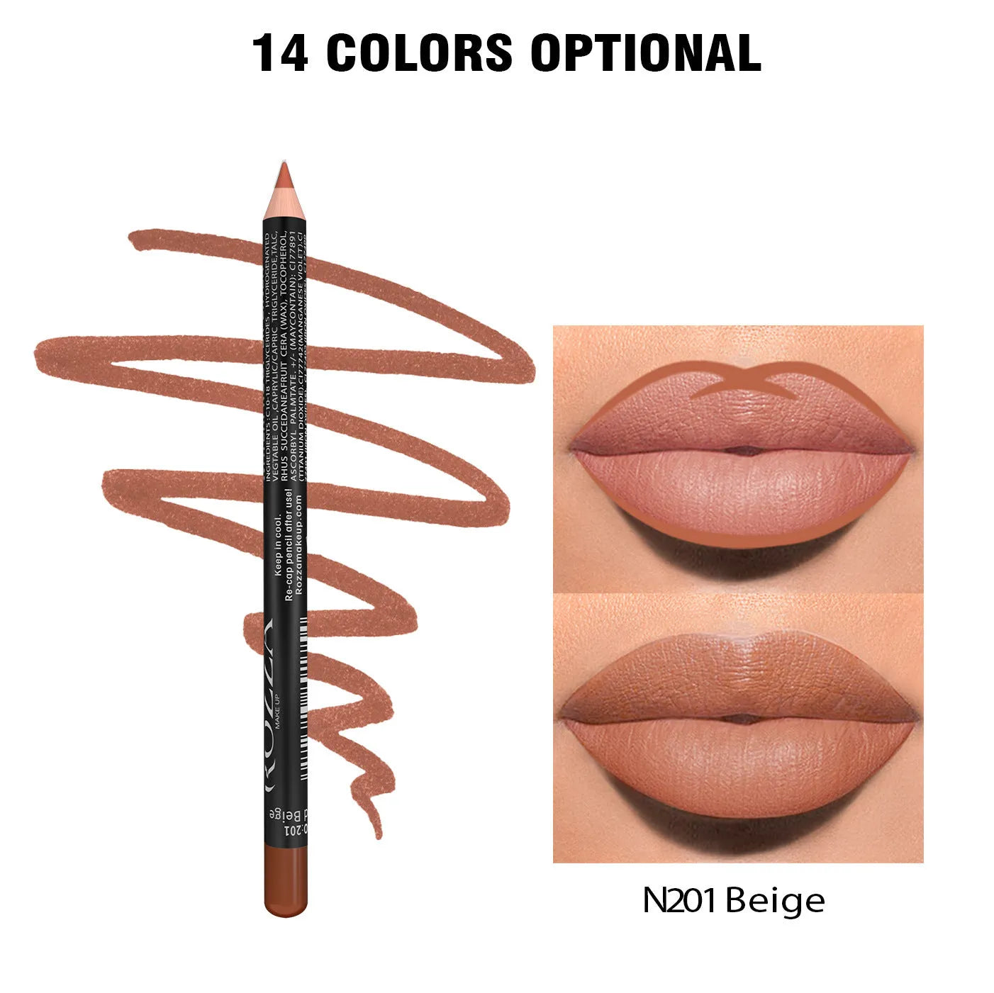 Wooden matte lip liner pencil in various shades showing 24 hour wear and waterproof claim