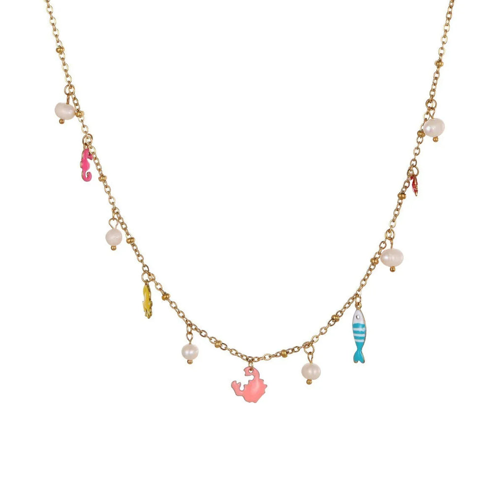 Stainless steel geometric pendant necklace with 18K gold electroplated chain and matching alloy bracelet on neutral background