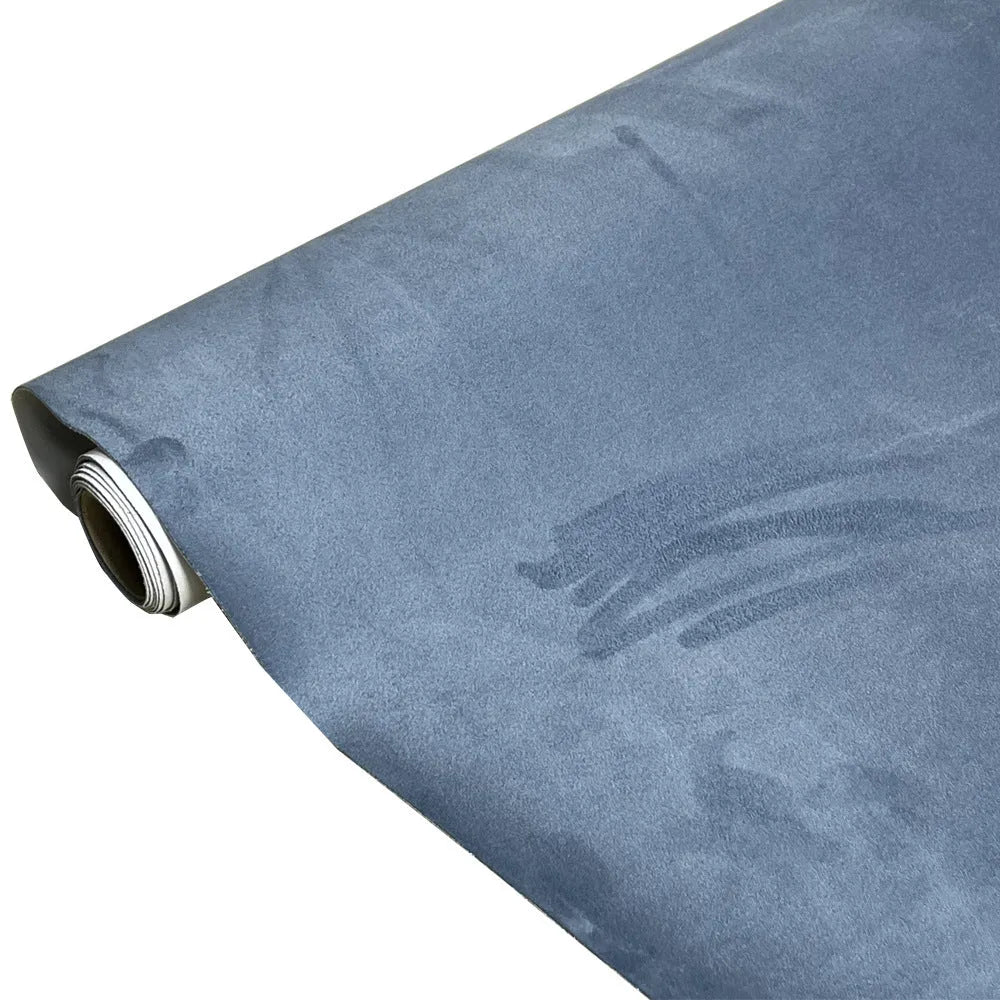 Self-adhesive leather suede sheet roll in multiple colour swatches showing black, brown, blue, and red.