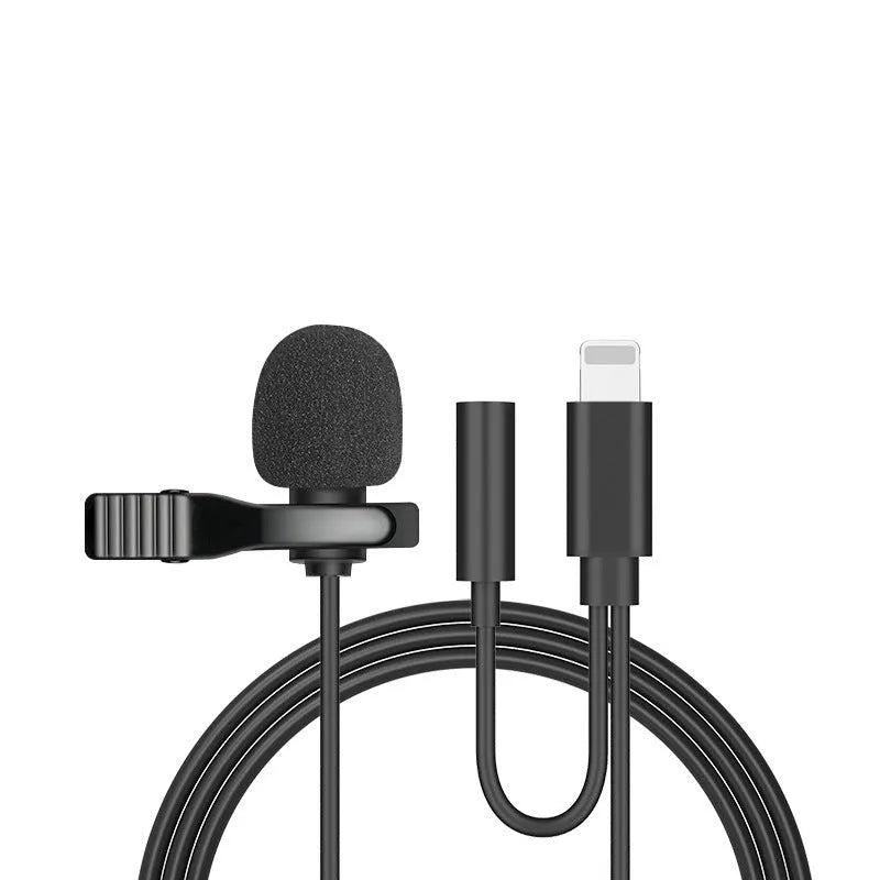 Black lavalier clip microphone with in-ear headphones connected to 3.5mm plug for Apple iPhone