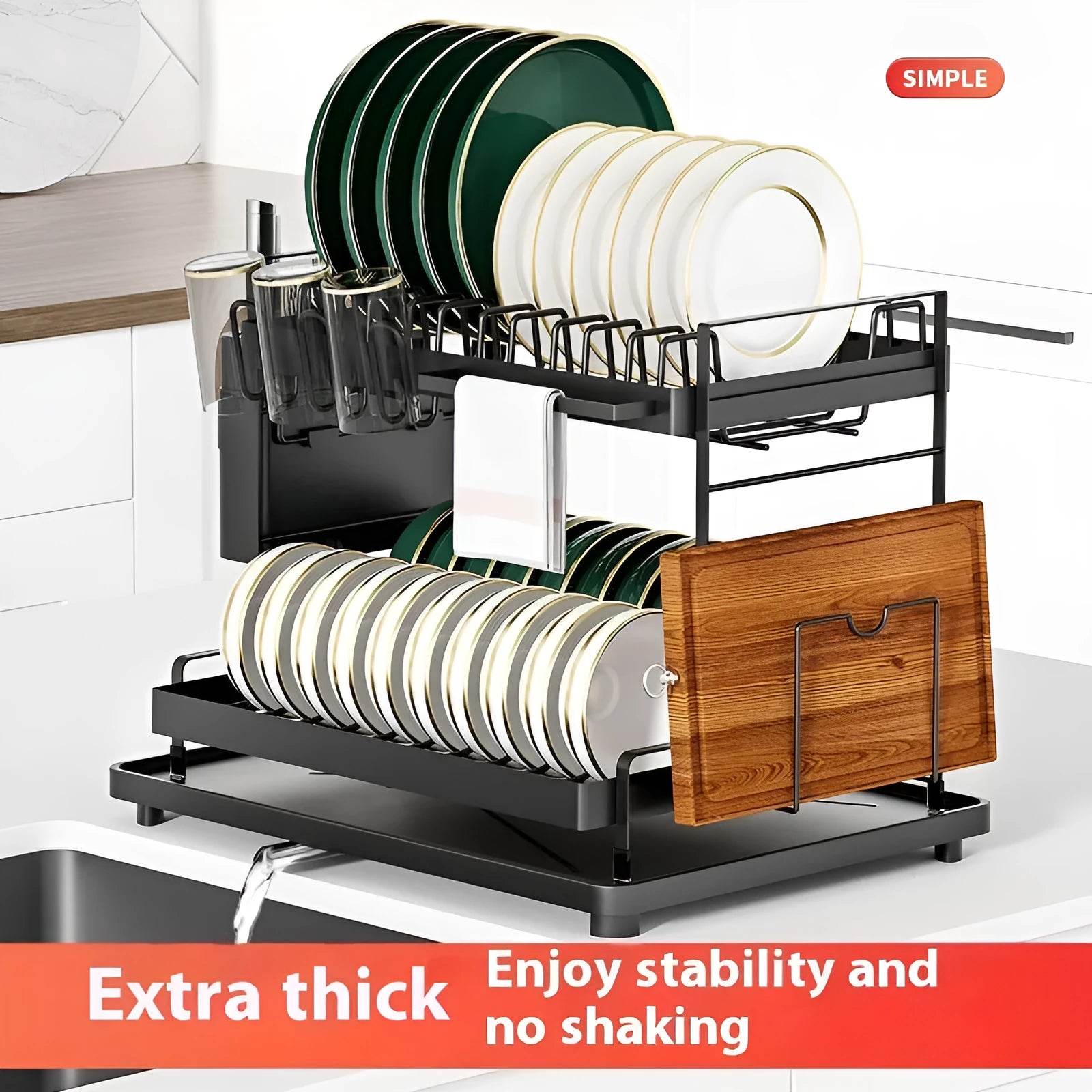 White double-layer kitchen draining rack with carbon steel construction for dish drying