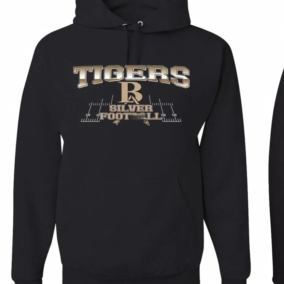 Black men's pullover hoodie with drop-shoulder sleeves on a mannequin