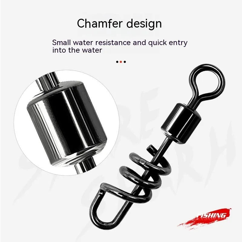 Copper and stainless steel 8-shaped fishing swivel connector on a blue background.