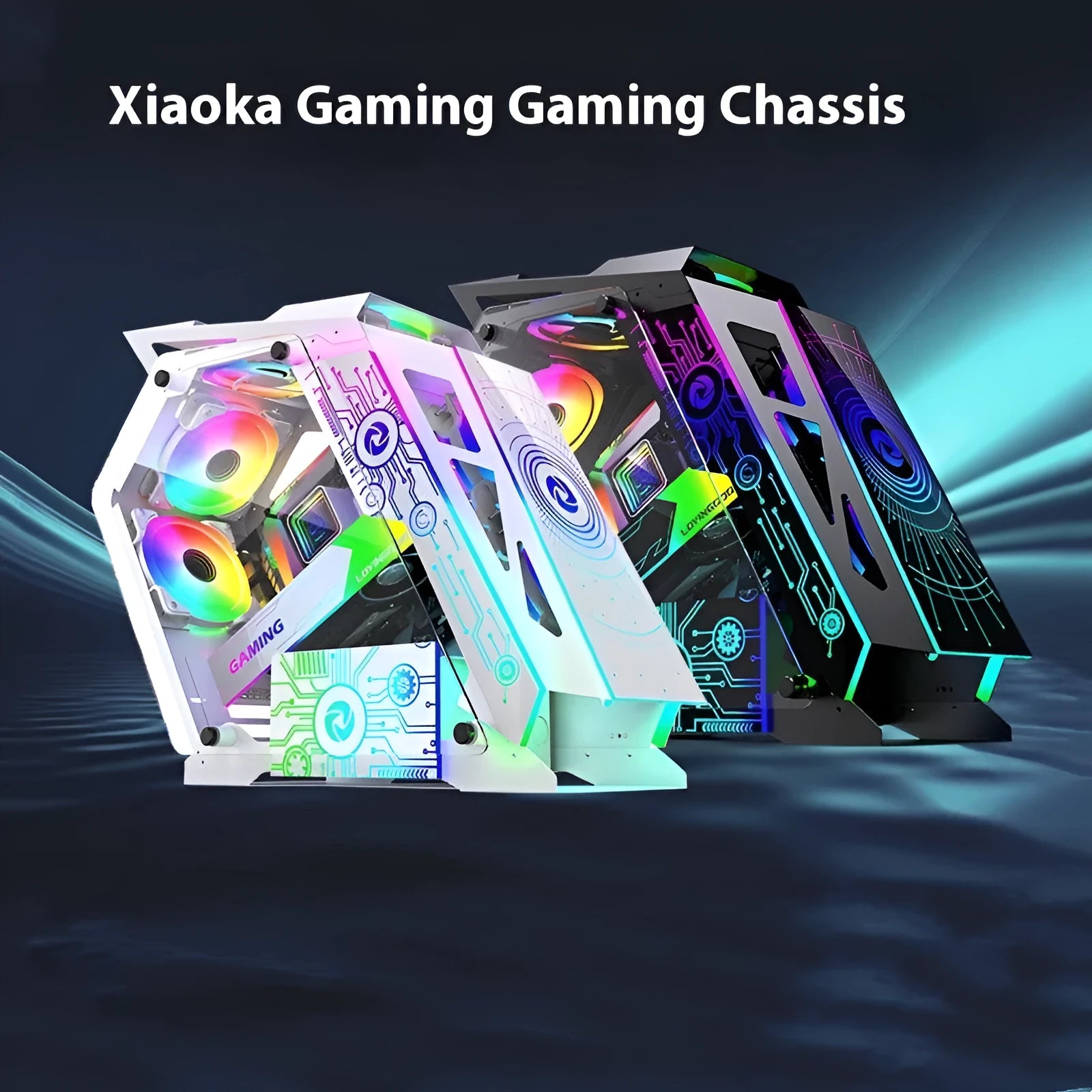 Table-type black bare metal PC chassis with six RGB fans lit up on a desk