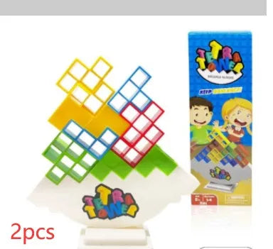 Colourful plastic balance stacking game with 16 blocks, chassis and base for family play