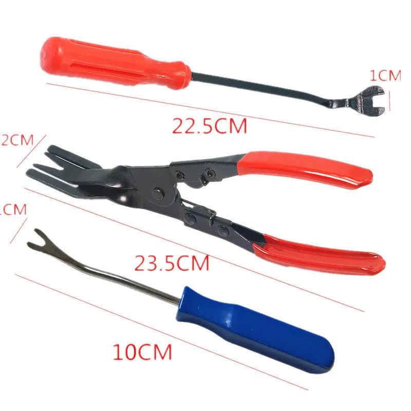 Red steel automotive door panel clip removal tool with integrated light switch pliers for General Motors vehicles.