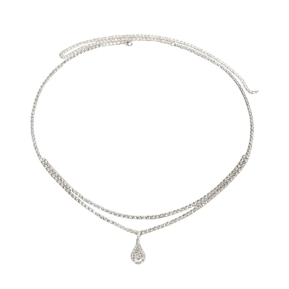 Gold waist chain with water drop rhinestone pendant and lobster buckle closure