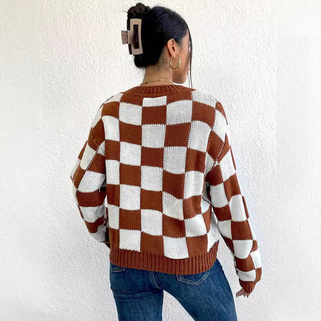 Dark brown plaid pattern acrylic pullover sweater with loose fit and long sleeves