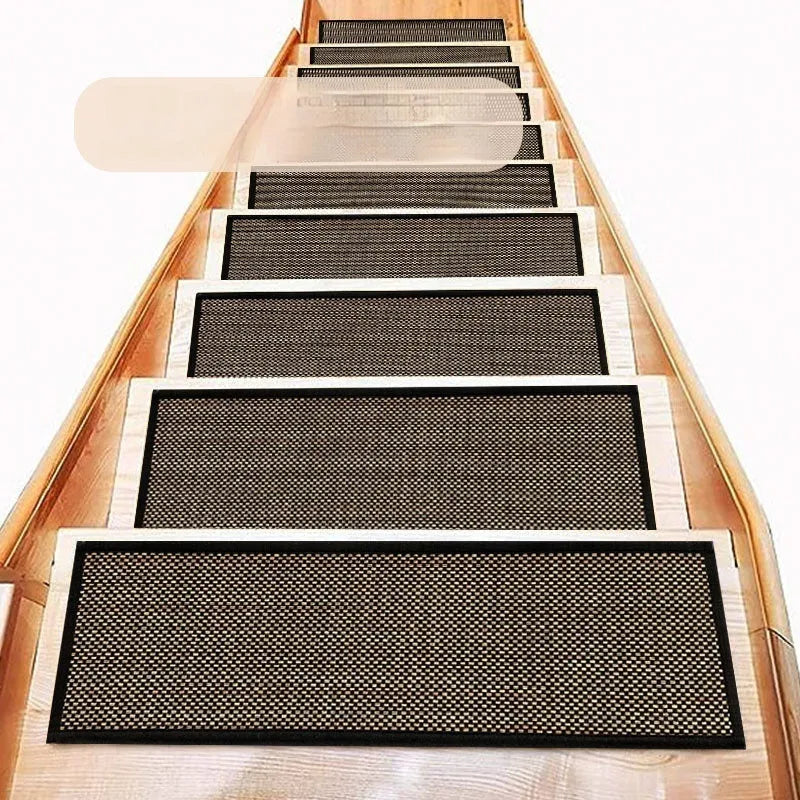 Japanese-style linen-look stair mat in camel colour on a wooden step, showing rubber bottom.