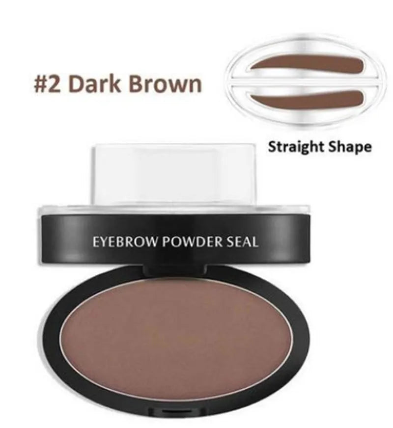 Eyebrow powder stamp with dual powders and reusable stencils in dark brown and light brown shades.