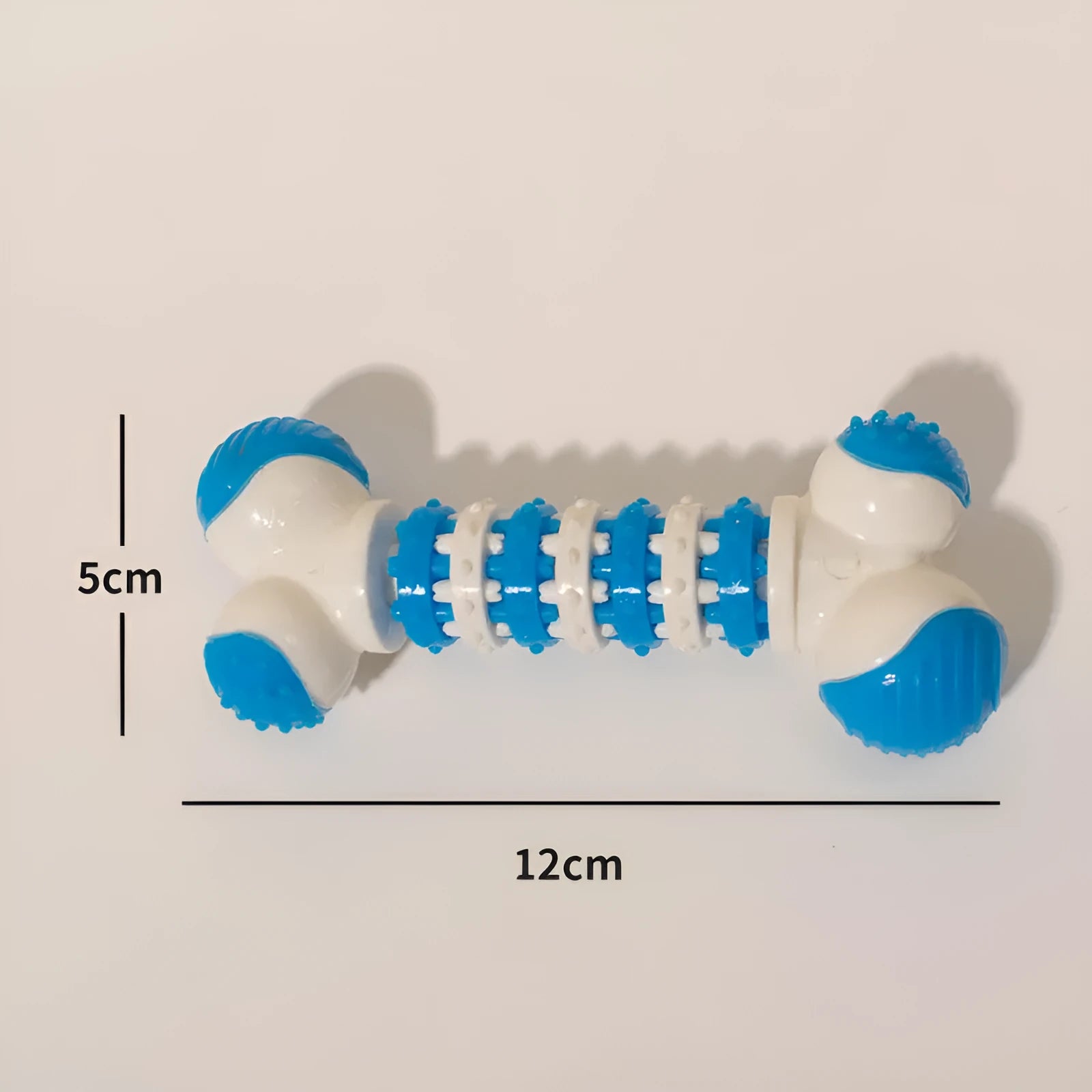 Blue bone-shaped interactive dog toy for small breeds with chewable ends and central treat holder