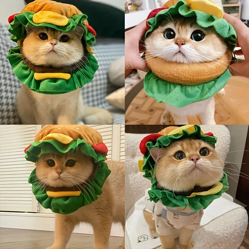 Red, brown, and cream soft felt burger-shaped headdress collar for cats with velcro strap