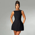Slim-fitting black backless sleeveless summer dress with a high waist and short skirt.