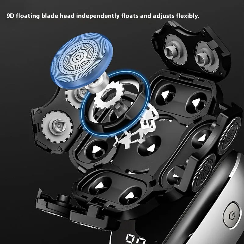 Black rechargeable 6-in-1 hair clipper and shaver kit with multiple attachments laid out.