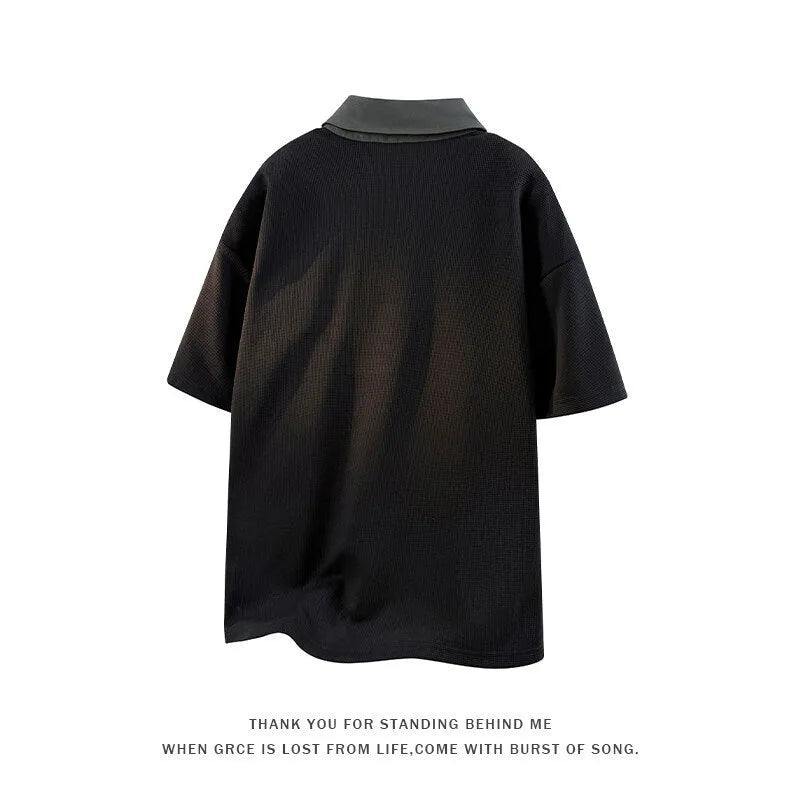 Men's apricot coloured polo shirt sweater with a structured heavy Henry collar and short sleeves