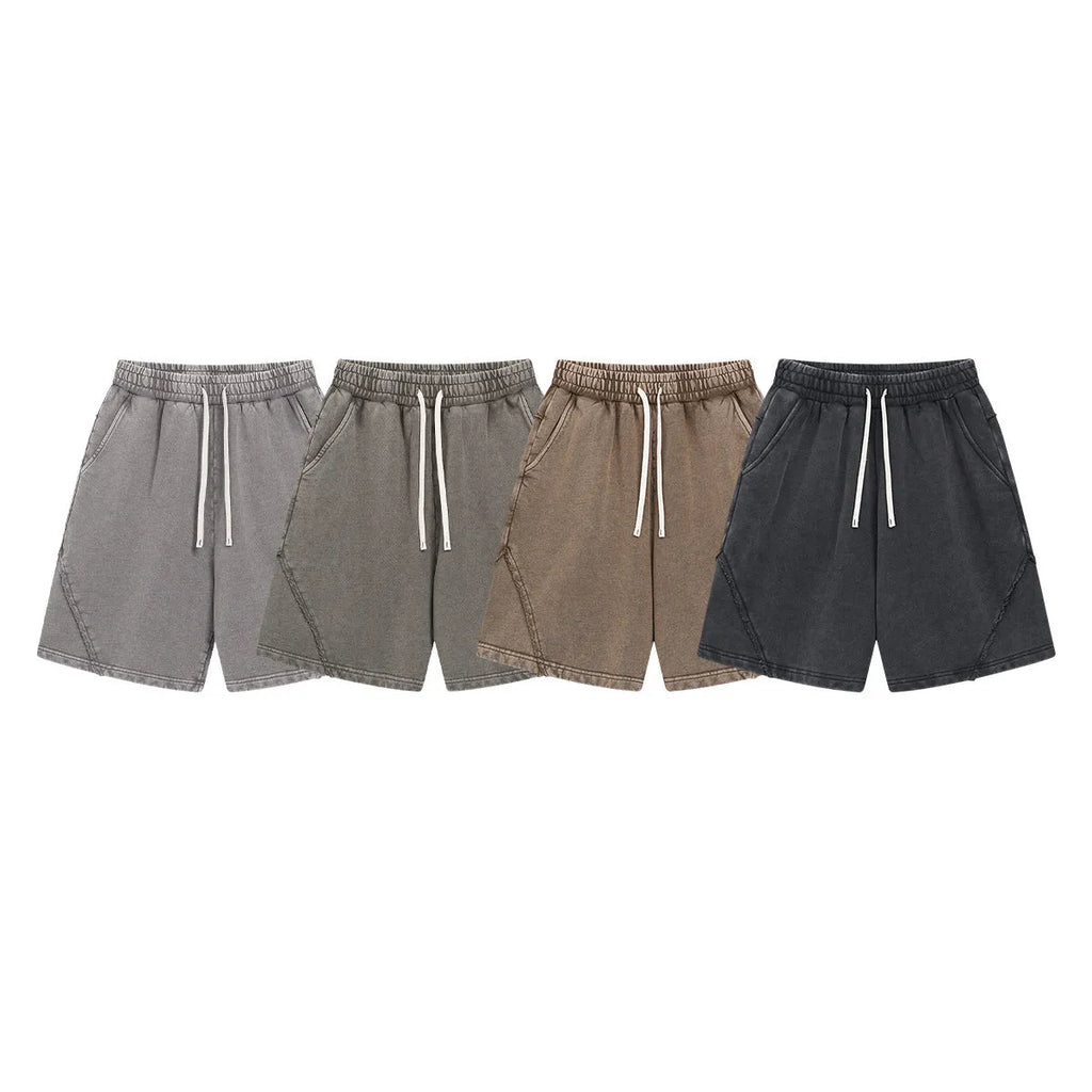 Men's batik washed cotton terry shorts in loose retro style with patchcraft colour effects
