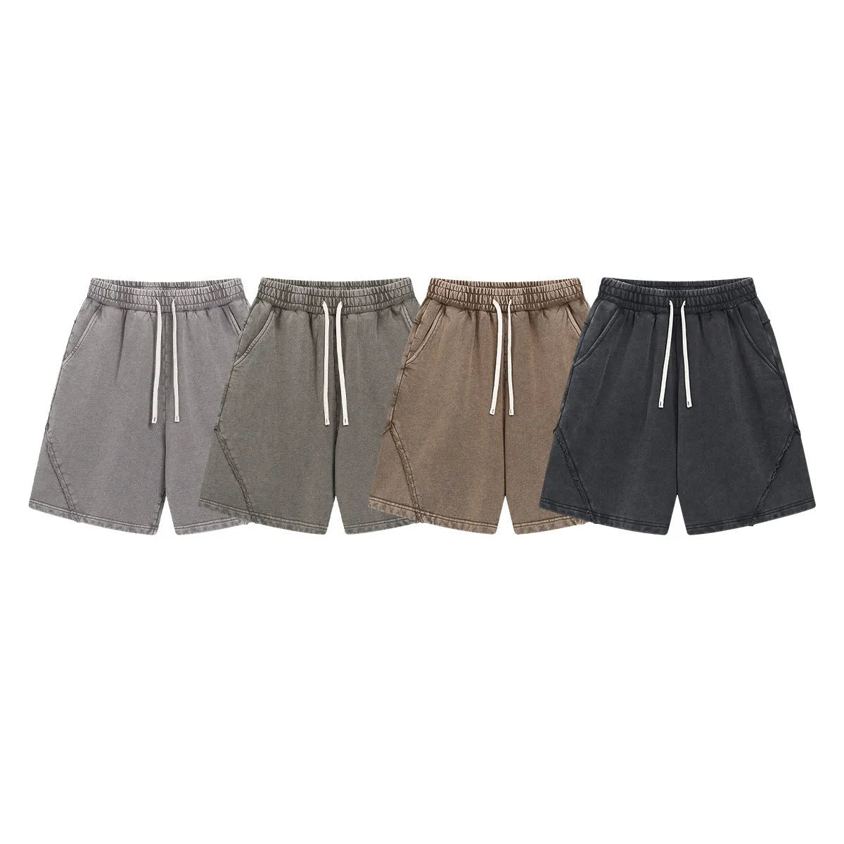 Men's batik washed cotton terry shorts in loose retro style with patchcraft colour effects