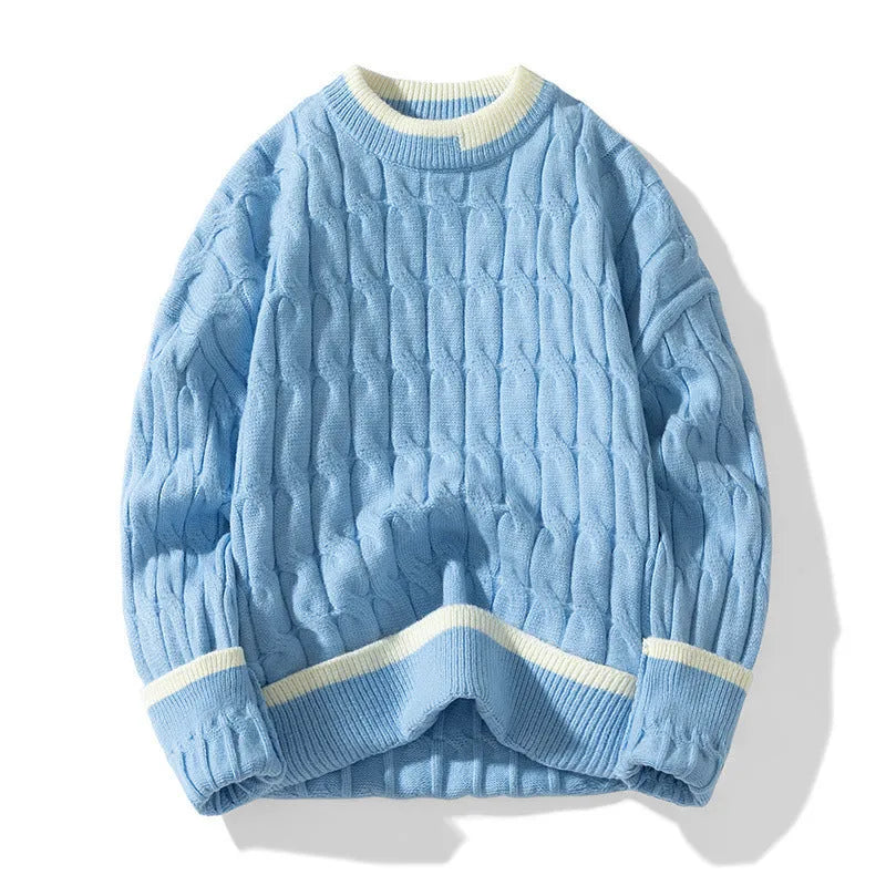 Men's loose grey and blue modal acrylic sports pullover sweater on a hanger.