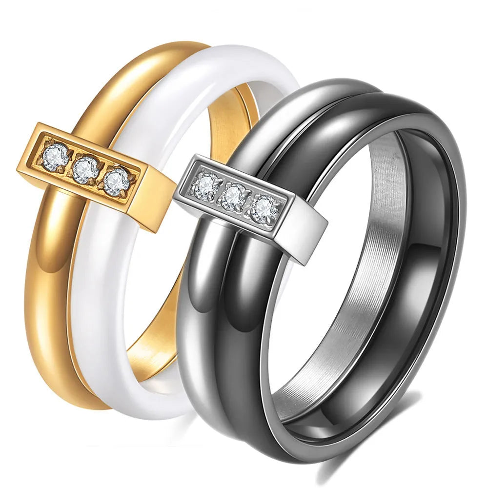 Women's ceramic geometric ring with zirconium inlay and glossy stitching in steel black finish
