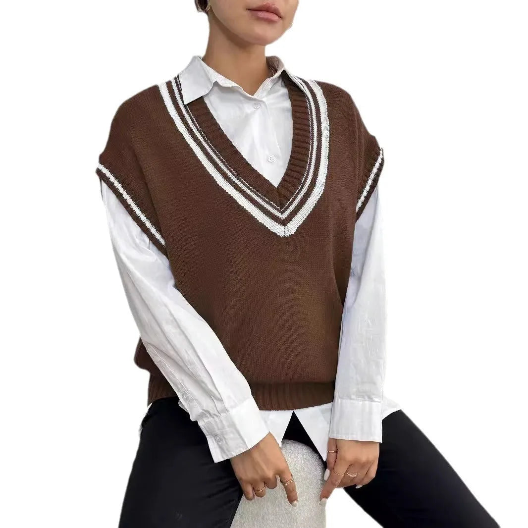 Women's college style casual vest sweater in loose fit with acrylic polyester blend fabric