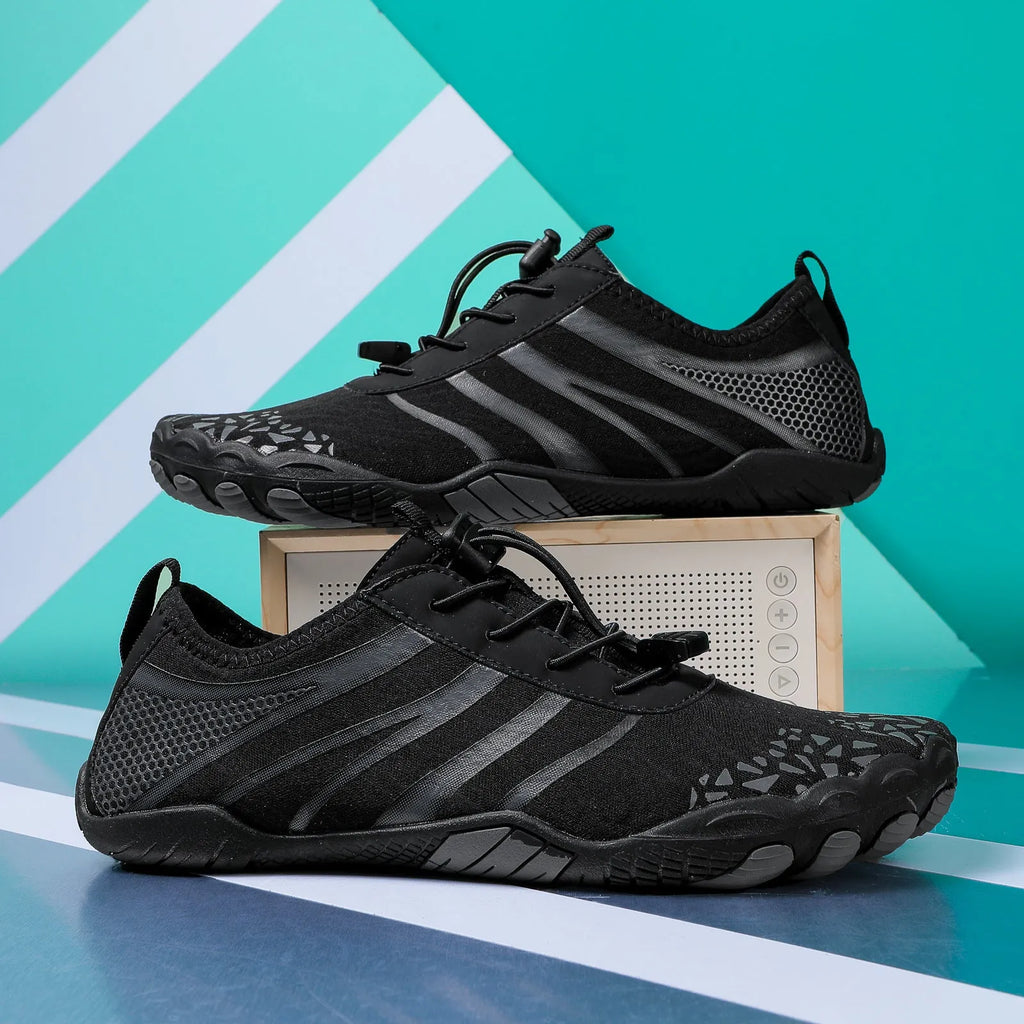 Lycra stretch fabric casual running shoes for men and women on a beach background.