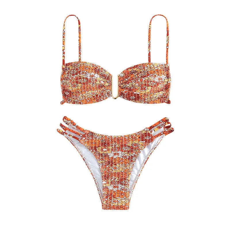 Women's high-waist floral bikini swimsuit set in solid colour with nylon lining