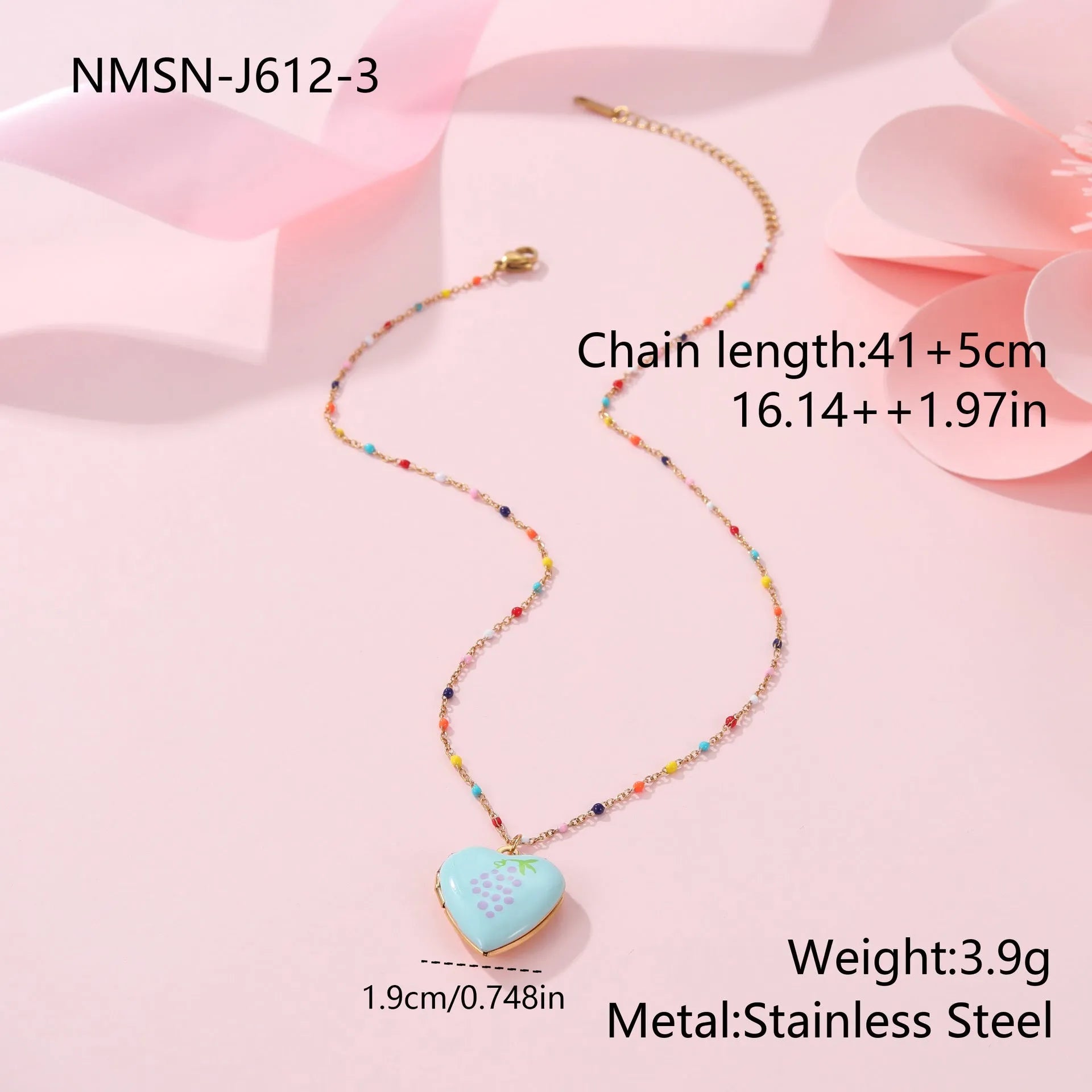 Stainless steel fruit pendant necklace with gold plating showing heart and fruit charm designs on adjustable chain