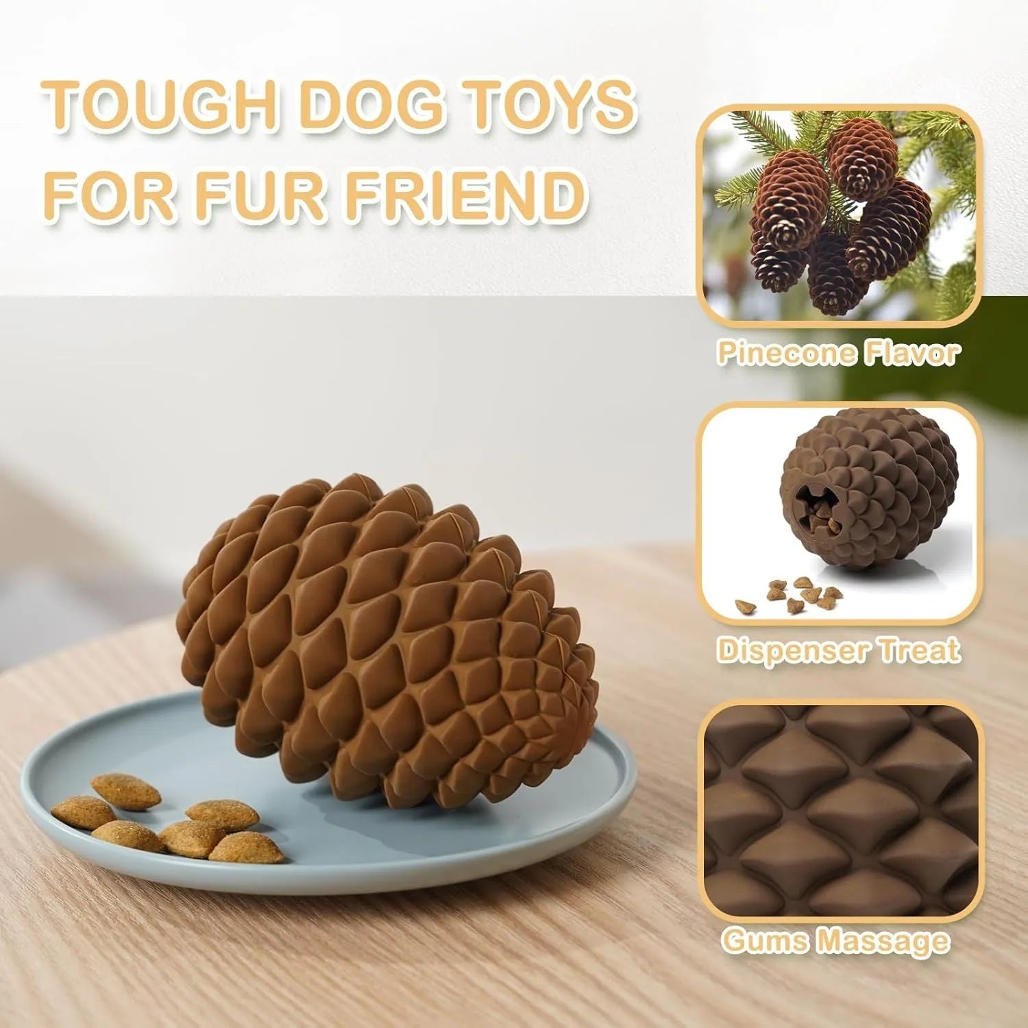 Yellow pine cone shaped tough dog toy made from natural rubber with treat dispenser for large breed dogs.