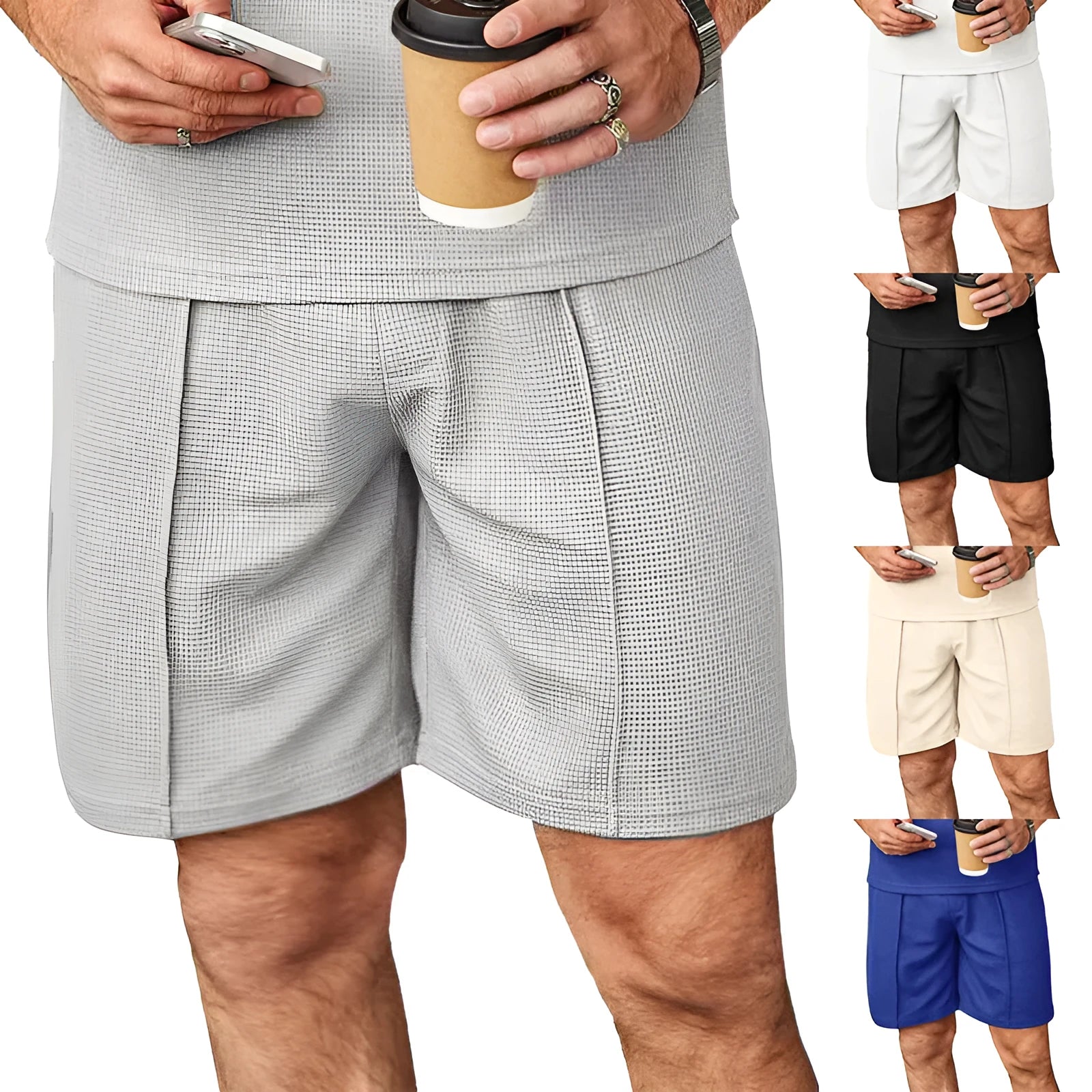 Men's plus size straight leg casual shorts in khaki, polyester with elastic waist, side view