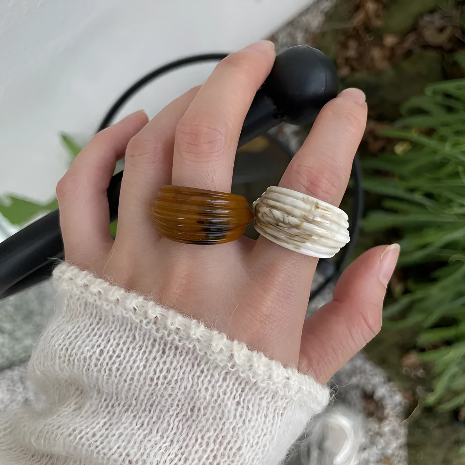 Chinese style irregular geometric wide resin ring in brown or white latte colour.