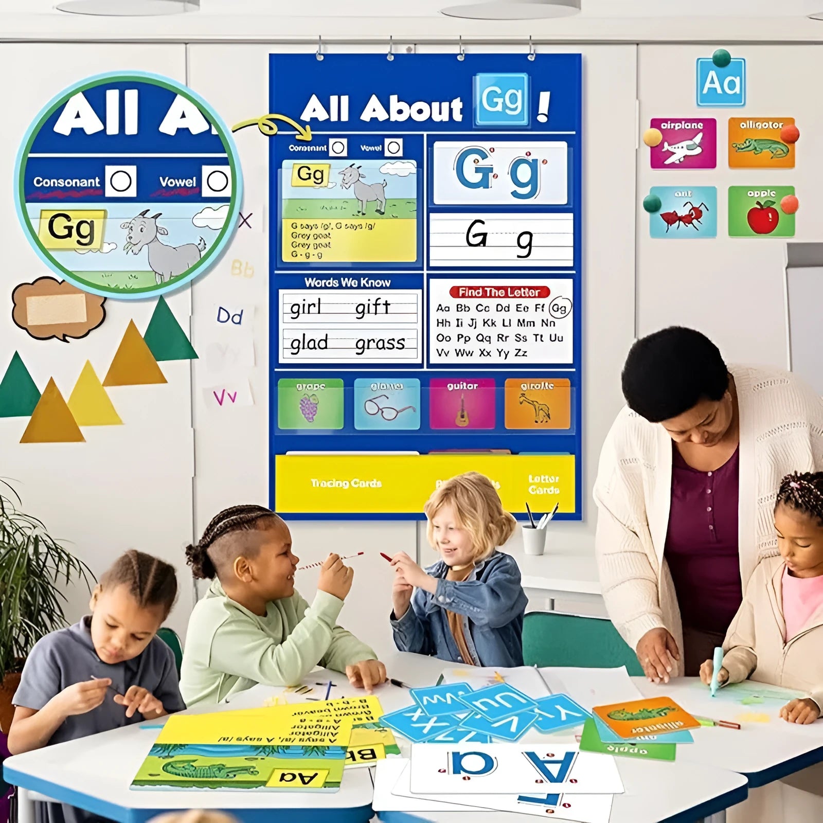 Creative Letters Learning Sleeve Table Chart measuring 60x40cm with word cards, letter cards, picture cards, and letter songs