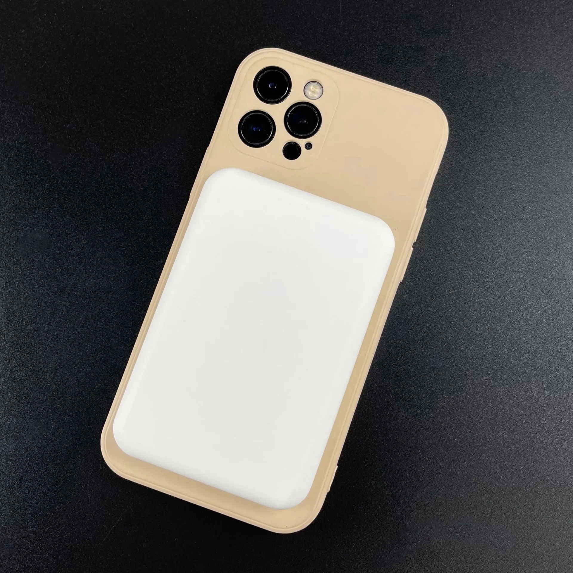 White magnetic wireless charger power bank with creative design showing dimensions 100x65mm
