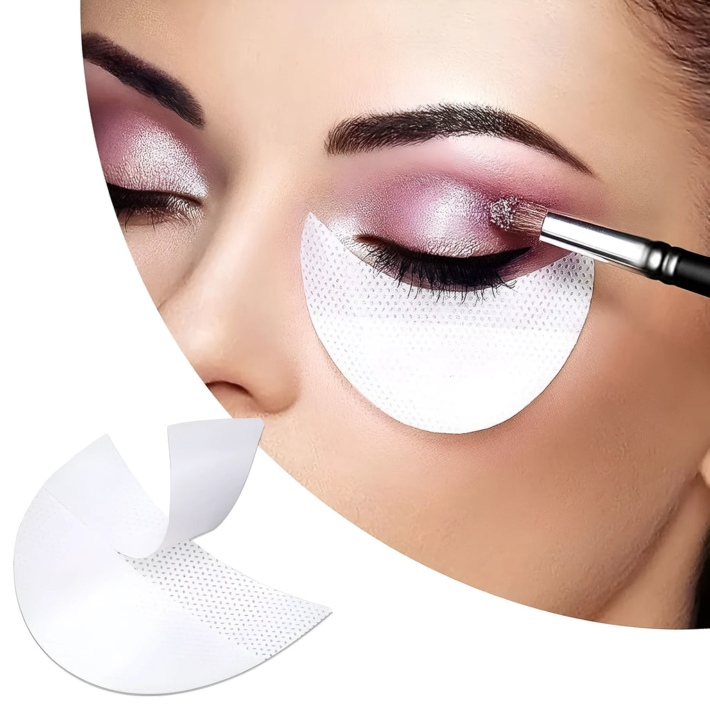 Pack of disposable lint-free self-adhesive eyeshadow shields in half-moon shape for under-eye use.