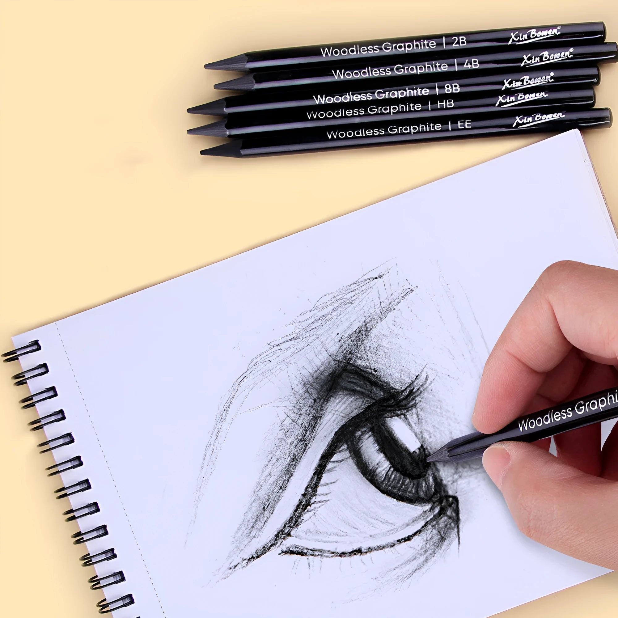 Graphite sketching pencil set with six art grades from HB to EE in wood-free construction