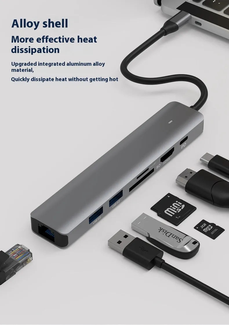 LQT-LH07 7-in-1 USB-C multiport hub with card reader, HDMI, Ethernet, and USB ports.