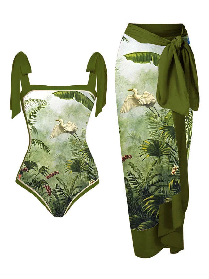 Women's printed chiffon two-piece swimsuit set with matching hip skirt