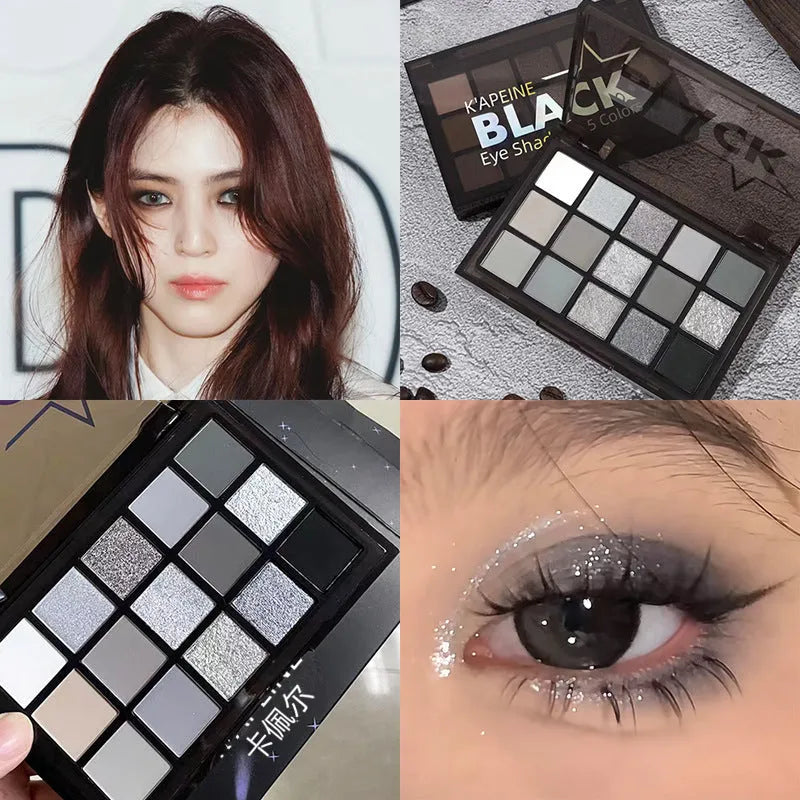 15-colour eye shadow palette showing grey, black, brown and blue shades for smoky makeup