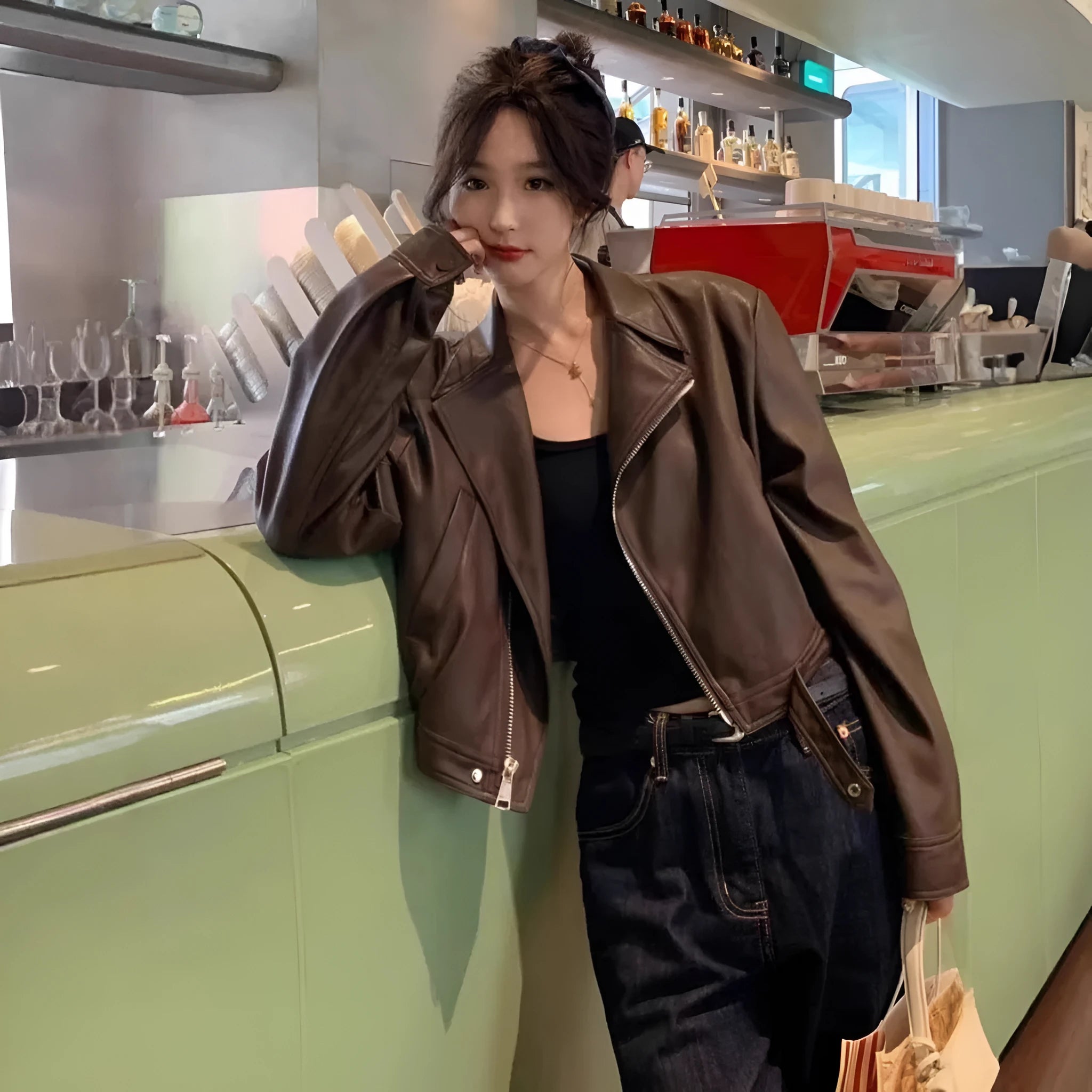 Women's brown retro slim fit imitation leather jacket with pocket detailing and regular sleeves