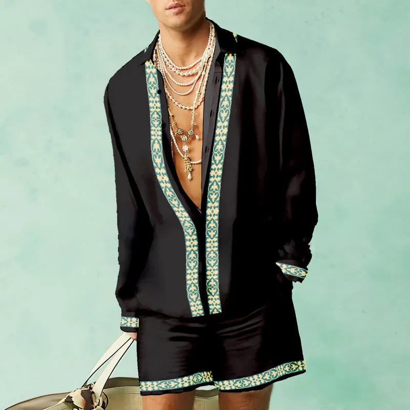 Mens casual summer outfit with long sleeve shirt and matching shorts in slim fit