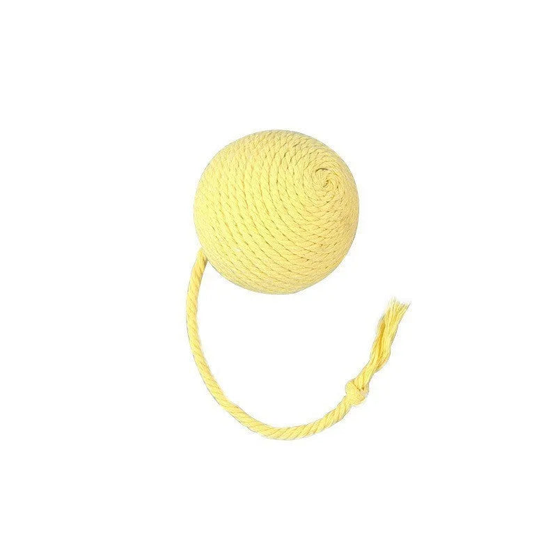 Colourful cat toy ball with rope handle and internal bell in 6cm or 3cm sizes