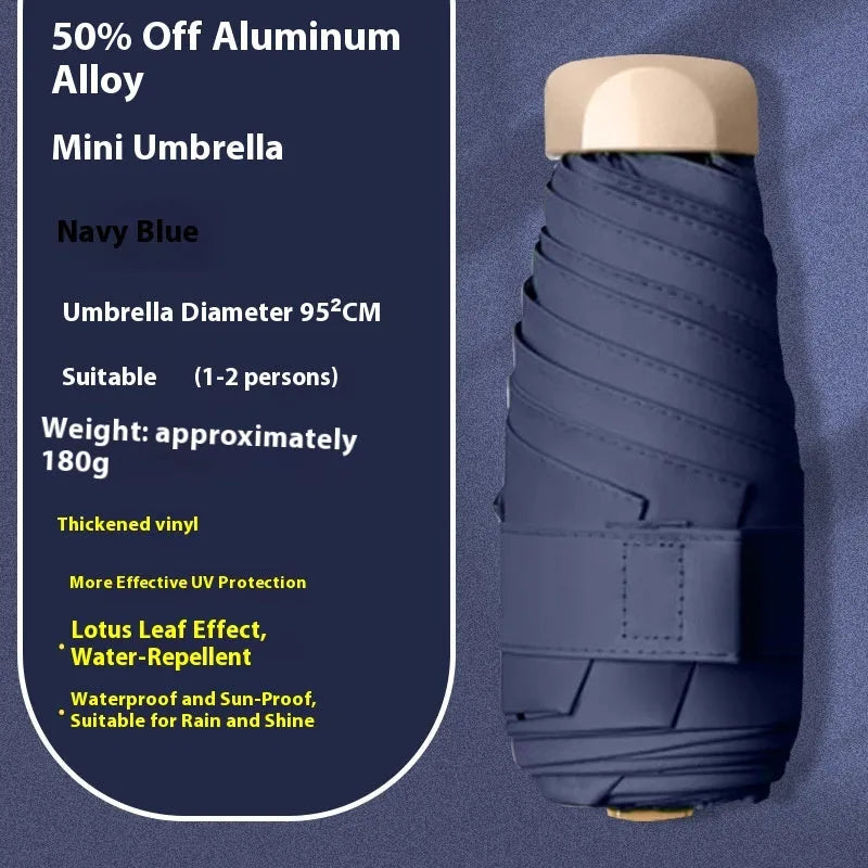 Compact five-fold sun umbrella with a gradient vinyl-laminated canopy and an alloy frame.