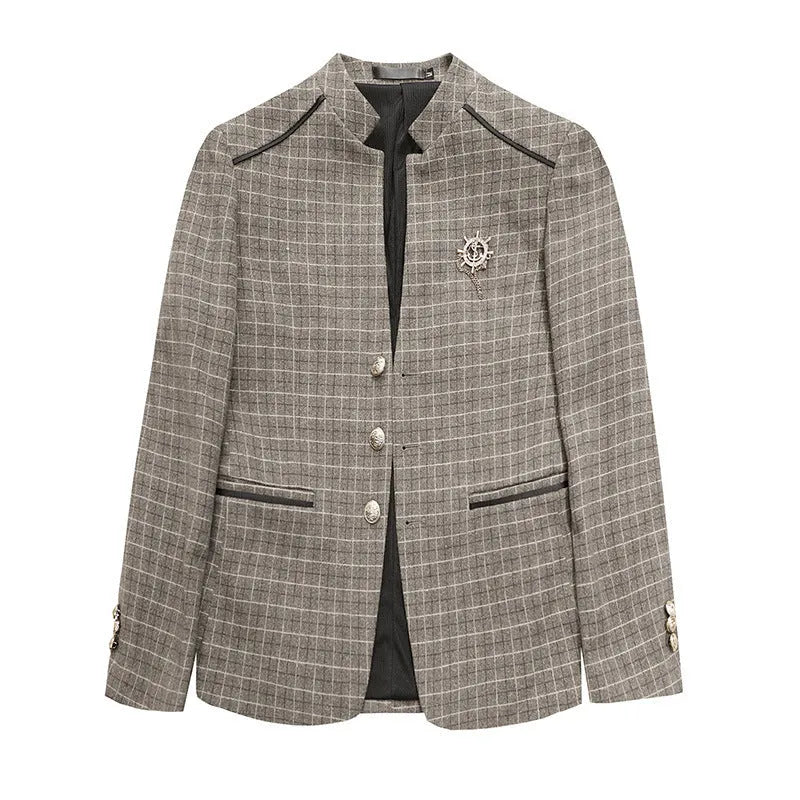 Men's plaid slim fit leisure coat in brown with bag cover seam pockets, shown from front