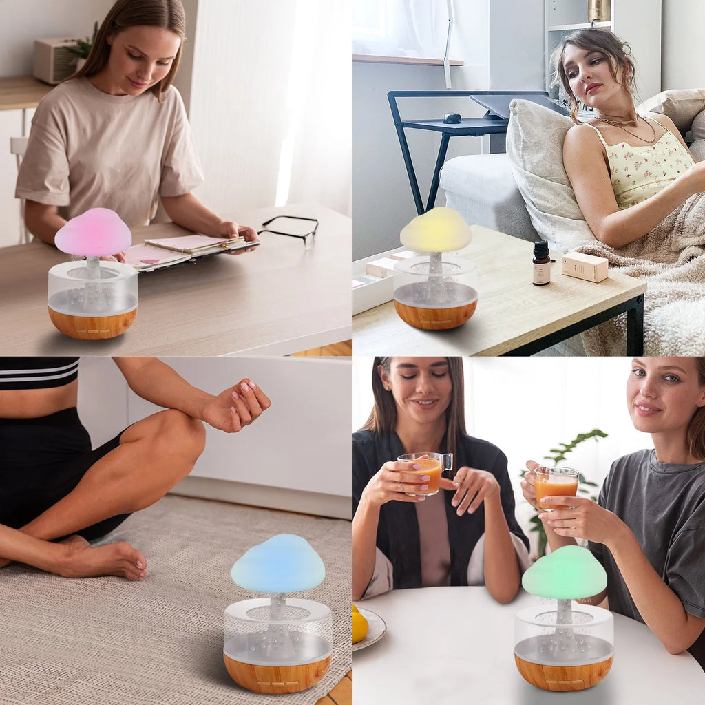 White cloud-shaped ultrasonic humidifier and essential oil diffuser with colour-changing LED night light.