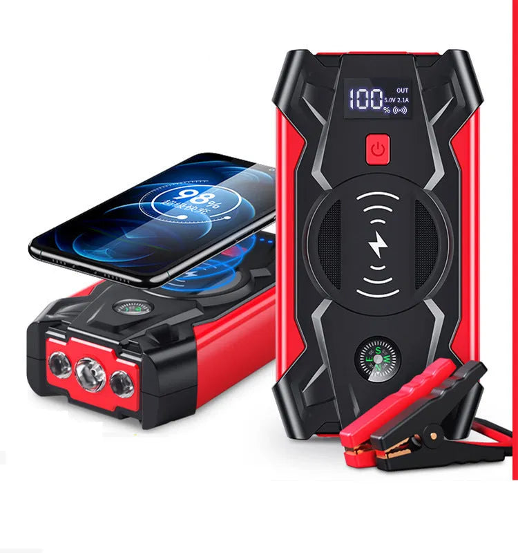 Red car emergency jump starter power pack with crocodile clips and digital display screen